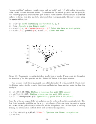 “nearest neighbor” and more complex ones, such as “cubic” and “v4” which allow the surface
to be curved between the data points. To demonstrate the use of griddata we are going to
load some topographic measurements, plot them as points in three-dimensions and fit different
surfaces to them. Our data has to be interpolated on to regular grids, this can be done using
the meshgrid function.
>> load topo %data containing the variables x, y, z
>> figure %create a new figure window
>> plot3(x,y,z,'ok','markerfacecolor','k') %plot the data as black points
>> xlabel('x'), ylabel('y'), zlabel('z') %label the axes
420
430
440
450
460
470
60
80
100
120
−30
−20
−10
0
10
20
x
y
z
Figure 8.8: Topographic raw data plotted as a collection of points. If you would like to explore
the structure of the data you can use the “Rotate3D” button in the figure window.
Now we must create the regular grids onto which the data will be interpolated. This is done
by defining vectors in the x and y directions and bringing them together using the function
meshgrid.
>> x0=[420:0.25:470]; %define x-locations for grid (201 points)
>> y0=[70:0.25:120]; %define y-locations for grid (201 points)
>> [XI,YI]=meshgrid(x0,y0); %generate x,y grids (201 x 201 points)
Once the grids are prepared the interpolation can be performed and the results plotted. The
first three inputs for griddata are the x, y, z coordinates of the raw data, the next to inputs
are the XI and YI grids onto which the data will be interpolated, and the final input is a string
defining the interpolation method. First we’ll use linear interpolation:
>> ZI=griddata(x,y,z,XI,YI,'linear'); %perform the linear interpolation
>> hold on
100
 