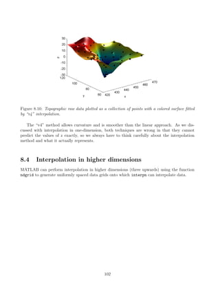 Figure 8.10: Topographic raw data plotted as a collection of points with a colored surface fitted
by “v4” interpolation.
The “v4” method allows curvature and is smoother than the linear approach. As we dis-
cussed with interpolation in one-dimension, both techniques are wrong in that they cannot
predict the values of z exactly, so we always have to think carefully about the interpolation
method and what it actually represents.
8.4 Interpolation in higher dimensions
MATLAB can perform interpolation in higher dimensions (three upwards) using the function
ndgrid to generate uniformly spaced data grids onto which interpn can interpolate data.
102
 