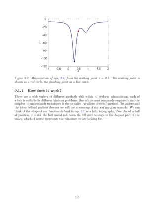 -1 -0.5 0 0.5 1 1.5 2
-120
-100
-80
-60
-40
-20
0
x
y
Figure 9.2: Minimization of equ. 9.1, from the starting point x = 0.5. The starting point is
shown as a red circle, the finishing point as a blue circle.
9.1.1 How does it work?
There are a wide variety of different methods with which to perform minimization, each of
which is suitable for different kinds or problems. One of the most commonly employed (and the
simplest to understand) techniques is the so-called “gradient descent” method. To understand
the ideas behind gradient descent we will use a zoom-up of our myfunction example. We can
think of the shape of our function defined in equ. 9.1 as a hilly topography, if we placed a ball
at position, x = 0.5, the ball would roll down the hill until is stops in the deepest part of the
valley, which of course represents the minimum we are looking for.
105
 