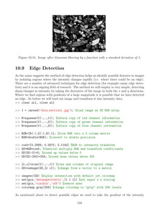 Figure 10.11: Image after Gaussian blurring by a function with a standard deviation of 2.
10.9 Edge Detection
As the name suggests the method of edge detection helps us identify possible features in images
by isolating regions where the intensity changes rapidly (i.e. where there could be an edge).
There are a number of advanced techniques for edge detection (for example canny edge detec-
tion) and it is an ongoing field of research. The method we will employ is very simple, detecting
sharp changes in intensity by taking the derivative of the image in both the x and y directions.
Where we find regions with gradients of a large magnitude it is possible that we have detected
an edge. As before we will load out image and transform it into intensity data.
 clear all, close all
 I = imread('thin section1.jpg'); %load image as 3D RGB array
 R=squeeze(I(:,:,1)); %obtain copy of red channel information
 G=squeeze(I(:,:,2)); %obtain copy of green channel information
 B=squeeze(I(:,:,3)); %obtain copy of blue channel information
 RGB=[R(:),G(:),B(:)]; %form RGB into a 3 column matrix
 RGB=double(RGB); %convert to double precision
 coef=[0.2989; 0.5870; 0.1140] %RGB to intensity transform
 GS=RGB*coef; %(matrix) multiply RGB and transform coefficiants
 GS(GS0)=0; %round up values below 0
 GS(GS255)=255; %round down values above 255
 [r,c]=size(I(:,:,1)) %rows and columns of original image
 GS=reshape(GS,[r c]); %change from a vector to a matrix
 imagesc(GS) %diplay intensities with default jet colormap
 set(gca,'dataaspectratio',[1 1 1]) %set equal x y scaling
 set(gca,'visible','off') %remove axes
 colormap gray(256) %change colormap to gray with 256 levels
As mentioned above to detect possible edges we need to take the gradient of the intensity
134
 