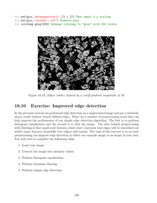 set(gca,'dataaspectratio',[1 1 1]) %set equal x y scaling
 set(gca,'visible','off') %remove axes
 colormap gray(256) %change colormap to gray with 256 levels
Figure 10.13: Edges (white) defined by a cutoff gradient magnitude of 30.
10.10 Exercise: Improved edge detection
In the previous exercise we performed edge detection on a unprocessed image and got a relatively
messy result without clearly defined edges. There are a number of preprocessing steps that can
help improve the performance of our simple edge detection algorithm. The first is to perform
histogram equalization and the second is to blur the image. The idea behind preprocessing
with blurring is that small scale features which don’t represent true edges will be smoothed out
whilst major features (hopefully true edges) will remain. The task of this exercise is to see how
preprocessing can improve edge detection in either our example image or an image of your own.
You will need to complete the following tasks:
1. Load your image.
2. Convert the image into intensity values.
3. Perform histogram equalization.
4. Perform Gaussian blurring.
5. Perform simple edge detection.
136
 