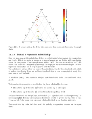 Figure 11.1: A ternary plot of the Arctic lake grain size data, color-coded according to sample
depth.
11.1.3 Define a regression relationship
Now you must analyze the data to find if there is a relationship between grain size composition
and depth. This is not quite as simple as it sounds because we are dealing with closed data,
where the composition of each sample must add to 100%. Since we are studying MATLAB
rather than statistics, I will guide you through the steps you will need to take to plot the final
regression relationship, but it is up to you to write the code.
The statistics we will use follow the ideas of John Aitchison, who developed methods with which
to analyze closed data, if you are working with closed data in your own projects it would be a
good idea to read his book.
J. Aitchison (2003). The Statistical Analysis of Compositional Data. The Blackburn Press,
pp416.
To determine the regression we need to find the linear relationships between:
• The natural log of the ratio sand
clay
versus the natural log of lake depth
• The natural log of the ratio silt
clay
versus the natural log of lake depth
You can determined the straight-line relationships (i.e. a gradient and an intercept) using the
function polyfit. For any lake depth you should now be able to predict the log ratios of sand
/ clay and silt / clay using your regression relationship (look at the function polyval).
To convert from log ratios back into sand, silt and clay compositions you can use the equa-
tions:
139
 
