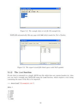 Figure 5.3: The example data in text file IO example3.txt.
MATLAB automatically fills any gaps with NaN which stands for Not a Number.
Figure 5.4: The import wizard fills blank spaces with NaN symbols
5.1.2 The load function
If your data is contained in a simple ASCII text file which does not contain headers etc, then
you can read it straight into MATLAB using the load function, which requires a text string
containing the name of the file to be imported.
>> data=load('IO example1.txt')
data =
-0.4326
-1.6656
0.1253
0.2877
-1.1465
54
 