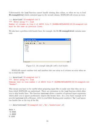 Unfortunately the load function cannot handle missing data values, so when we try to load
I0 example3.txt which contained gaps in the second column, MATLAB will return an error.
>> data=load('IO example3.txt')
??? Error using ==> load
Number of columns on line 2 of ASCII file F:GLOMAR MATLAB2009IOIO example3.txt
must be the same as previous lines.
We also have a problem with header lines, for example, the file I0 example4.txt contains some
text:
Figure 5.5: An example data file with a text header.
MATLAB cannot combine text and numbers into one array so it returns an error when we
try to load the file:
>> data=load('IO example4.txt')
??? Error using ==> load
Unknown text on line number 1 of ASCII file F:GLOMAR MATLAB2009IOIO example4.txt
"Header".
This means you have to be careful when preparing input files to make sure that they are in a
form which MATLAB can understand. There are extensions to the load function which allow
you to skip header lines. The function textread allows a number of optional input arguments
which allow you to ignore problematic objects like header lines. As a very basic example we’ll
provide textread with a filename, tell it to read 64bit floating point numbers ('%n') and ignore
one header line at the top of the file:
>> data=textread('IO example4.txt','%n','headerlines',1)
data =
-0.4326
-1.6656
0.1253
55
 