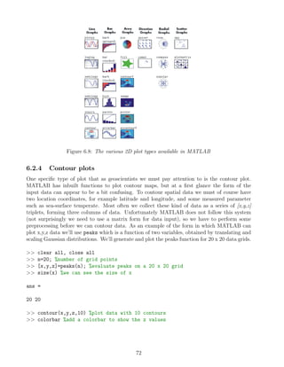Figure 6.8: The various 2D plot types available in MATLAB
6.2.4 Contour plots
One specific type of plot that as geoscientists we must pay attention to is the contour plot.
MATLAB has inbuilt functions to plot contour maps, but at a first glance the form of the
input data can appear to be a bit confusing. To contour spatial data we must of course have
two location coordinates, for example latitude and longitude, and some measured parameter
such as sea-surface temperate. Most often we collect these kind of data as a series of [x,y,z]
triplets, forming three columns of data. Unfortunately MATLAB does not follow this system
(not surprisingly we need to use a matrix form for data input), so we have to perform some
preprocessing before we can contour data. As an example of the form in which MATLAB can
plot x,y,z data we’ll use peaks which is a function of two variables, obtained by translating and
scaling Gaussian distributions. We’ll generate and plot the peaks function for 20 x 20 data grids.
>> clear all, close all
>> n=20; %number of grid points
>> [x,y,z]=peaks(n); %evaluate peaks on a 20 x 20 grid
>> size(x) %we can see the size of x
ans =
20 20
>> contour(x,y,z,10) %plot data with 10 contours
>> colorbar %add a colorbar to show the z values
72
 