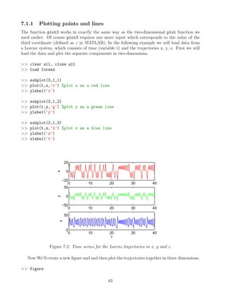 7.1.1 Plotting points and lines
The function plot3 works in exactly the same way as the two-dimensional plot function we
used earlier. Of course plot3 requires one more input which corresponds to the value of the
third coordinate (defined as z in MATLAB). In the following example we will load data from
a Lorenz system, which consists of time (variable t) and the trajectories x, y, z. First we will
load the data and plot the separate components in two-dimensions.
>> clear all, close all
>> load lorenz
>> subplot(3,1,1)
>> plot(t,x,'r') %plot x as a red line
>> ylabel('x')
>> subplot(3,1,2)
>> plot(t,y,'g') %plot y as a green line
>> ylabel('y')
>> subplot(3,1,3)
>> plot(t,z,'b') %plot z as a blue line
>> ylabel('z')
>> xlabel('t')
0 10 20 30 40
−20
0
20
x
0 10 20 30 40
−50
0
50
y
0 10 20 30 40
0
50
z
t
Figure 7.2: Time series for the Lorenz trajectories in x, y and z.
Now We’ll create a new figure and and then plot the trajectories together in three dimensions.
>> figure
83
 