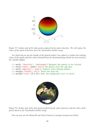 −1
0
1
−1
0
1
−1
−0.5
0
0.5
1
Figure 7.7: Surface plot of the data points produced by the sphere function. We will replace the
colors of the panels with those from the downloaded satellite image.
As a final step we use the handle of the plotted surface (our sphere) to replace the existing
colors of the panels with the colors obtained from the downloaded jpg (which are now stored in
the variable cdata):
>> set(h, 'facecolor', 'texturemap') %prepare the panels to be colored
>> set(h,'cdata', cdata); %color the panels with the jpg data
>> set(h,'edgecolor', 'none'); %remove lines between panels
>> set(gca,'visible','off'); %hide the axes box
>> set(gcf,'color',[0 0 0]); %set the background color to black
Figure 7.8: Surface plot of the data points produced by the sphere function with the colors of the
panels based on the downloaded satellite image.
You can now use the Rotate3D and Zoom buttons to navigate around your Earth.
88
 