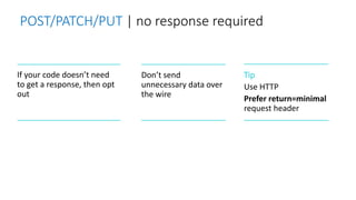 POST/PATCH/PUT | no response required
If your code doesn’t need
to get a response, then opt
out
Don’t send
unnecessary data over
the wire
Tip
Use HTTP
Prefer return=minimal
request header
 