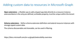 Open extensions - a flexible way to add untyped app data directly to a resource instance.
extensionName is the only pre-defined, writeable property, must be unique within the tenant
Schema extensions - Define schema extension definition and extend resource instances with
strongly-typed custom data.
The schema discoverable and shareable, can be used in filtering.
https://docs.microsoft.com/en-us/graph/extensibility-overview
Adding custom data to resources in Microsoft-Graph
 