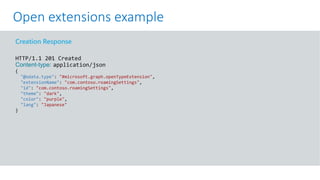 GET https://graph.microsoft.com/v1.0/me?$select=id,displayName,mail&$expand=extensions
Creation Response
HTTP/1.1 201 Created
Content-type: application/json
{
"@odata.type": "#microsoft.graph.openTypeExtension",
"extensionName": "com.contoso.roamingSettings",
"id": "com.contoso.roamingSettings",
"theme": "dark",
"color": "purple",
"lang": "Japanese"
}
Open extensions example
 