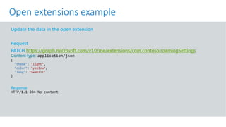 GET https://graph.microsoft.com/v1.0/me?$select=id,displayName,mail&$expand=extensions
Update the data in the open extension
Request
PATCH https://graph.microsoft.com/v1.0/me/extensions/com.contoso.roamingSettings
Content-type: application/json
{
"theme": "light",
"color": "yellow",
"lang": "Swahili"
}
Response
HTTP/1.1 204 No content
Open extensions example
 