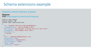 GET https://graph.microsoft.com/v1.0/me?$select=id,displayName,mail&$expand=extensions
Populate a schema extension (a group)
Response
POST https://graph.microsoft.com/v1.0/groups
HTTP/1.1 201 Created
Content-length: 420
Content-Type: application/json
{
"id": "dfc8016f-db97-4c47-a582-49cb8f849355",
"createdDateTime": "2017-02-09T00:17:05Z",
"description": "New Managers training course for March 2017",
"displayName": "New Managers March 2017",
"groupTypes": [
"Unified"
],
"mail": "newMan201703@graphlearn.com",
"mailEnabled": true,
"mailNickname": "newMan201703",
"securityEnabled": false,
"theme": null,
"visibility": "Public"
}
Schema extensions example
 