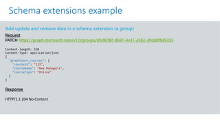 GET https://graph.microsoft.com/v1.0/me?$select=id,displayName,mail&$expand=extensions
Add update and remove data in a schema extension (a group)
Request
PATCH https://graph.microsoft.com/v1.0/groups/dfc8016f-db97-4c47-a582-49cb8f849355
Content-length: 230
Content-Type: application/json
{
"graphlearn_courses": {
"courseId": "123",
"courseName": "New Managers",
"courseType": "Online"
}
}
Response
HTTP/1.1 204 No Content
Schema extensions example
 