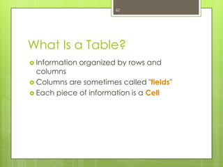 62




What Is a Table?
 Information   organized by rows and
  columns
 Columns are sometimes called "fields"
 Each piece of information is a Cell
 