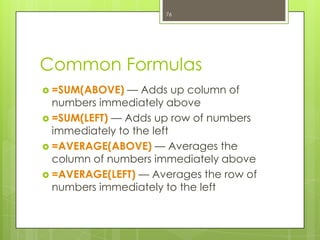 76




Common Formulas
 =SUM(ABOVE)   — Adds up column of
  numbers immediately above
 =SUM(LEFT) — Adds up row of numbers
  immediately to the left
 =AVERAGE(ABOVE) — Averages the
  column of numbers immediately above
 =AVERAGE(LEFT) — Averages the row of
  numbers immediately to the left
 