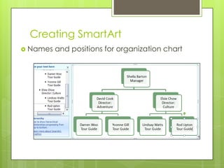 Creating SmartArt
 Names   and positions for organization chart
 