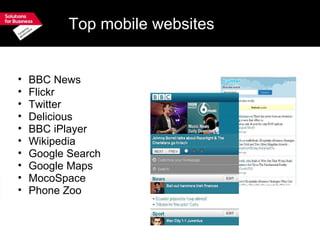 Top mobile websites   BBC News Flickr  Twitter Delicious BBC iPlayer Wikipedia Google Search Google Maps MocoSpace Phone Zoo 
