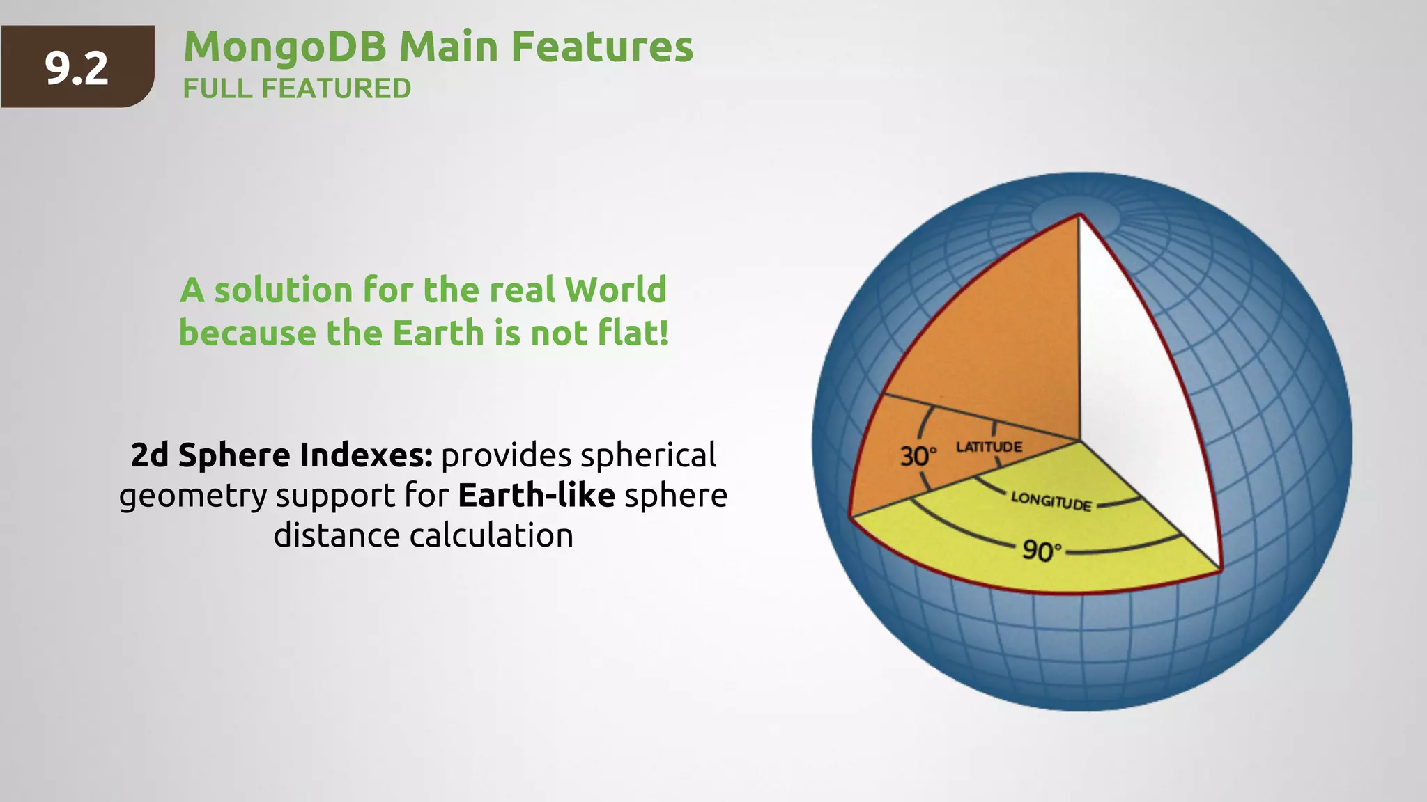 A solution for the real World
because the Earth is not flat!
2d Sphere Indexes: provides spherical
geometry support for Earth-like sphere
distance calculation
MongoDB Main Features
FULL FEATURED9.2
 