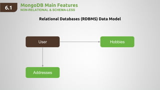 MongoDB Main Features
NON-RELATIONAL & SCHEMA-LESS
User Hobbies
Addresses
Relational Databases (RDBMS) Data Model
6.1
 