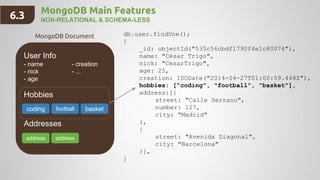 MongoDB Main Features
NON-RELATIONAL & SCHEMA-LESS
User Info
- name - creation
- nick - ...
- age
Hobbies
Addresses
db.user.findOne();
{
_id: objectId("535c56cbdf1790f4e1c80074"),
name: "César Trigo",
nick: "CesarTrigo",
age: 25,
creation: ISODate("2014-04-27T01:00:59.448Z"),
hobbies: ["coding", "football", "basket"],
address:[{
street: "Calle Serrano",
number: 127,
city: "Madrid"
},
{
street: "Avenida Diagonal",
city: "Barcelona"
}],
}
coding basket
address address
MongoDB Document
6.3
football
 