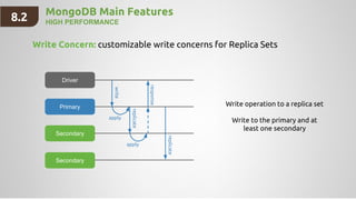 MongoDB Main Features
HIGH PERFORMANCE
Driver
Secondary
Secondary
Write Concern: customizable write concerns for Replica Sets
Primary
write
replicate
replicate
response
apply
apply
Write operation to a replica set
Write to the primary and at
least one secondary
8.2
 