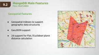 ● Geospatial indexes to support
geographic data structures
● GeoJSON support
● 2d support for Flat / Euclidean plane
distance calculation
MongoDB Main Features
FULL FEATURED
Geospatial features
9.2
 