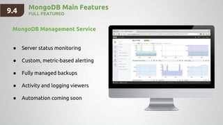 MongoDB Main Features
FULL FEATURED
MongoDB Management Service
● Server status monitoring
● Custom, metric-based alerting
● Fully managed backups
● Activity and logging viewers
● Automation coming soon
9.4
 
