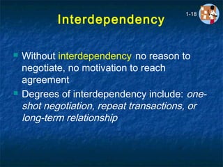 Interdependency
 Without interdependency no reason to
negotiate, no motivation to reach
agreement
 Degrees of interdependency include: one-
shot negotiation, repeat transactions, or
long-term relationship
1-18
 
