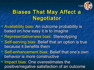 Biases That May Affect aBiases That May Affect a
NegotiatorNegotiator
 Availability biasAvailability bias: An outcome probability is: An outcome probability is
based on how easy it is to imaginebased on how easy it is to imagine
 Representativeness biasRepresentativeness bias:: StereotypingStereotyping
 Self-serving biasSelf-serving bias: Belief that an option is true: Belief that an option is true
because it benefits thembecause it benefits them
 Self-enhancement biasSelf-enhancement bias:: Belief that one’s ownBelief that one’s own
behavior is more constructivebehavior is more constructive
 Impact biasImpact bias: One overestimates the: One overestimates the
positive/negative satisfaction of an outcomepositive/negative satisfaction of an outcome
1-24
 
