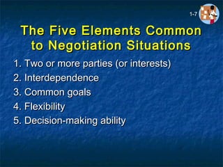The Five Elements CommonThe Five Elements Common
to Negotiation Situationsto Negotiation Situations
1.1. Two or more parties (or interests)Two or more parties (or interests)
2. Interdependence2. Interdependence
3. Common goals3. Common goals
4. Flexibility4. Flexibility
5. Decision-making ability5. Decision-making ability
1-7
 