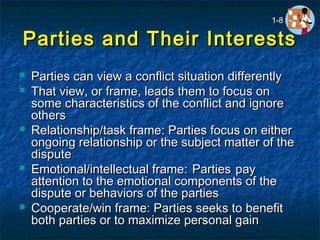 Parties and Their InterestsParties and Their Interests
 Parties can view a conflict situation differentlyParties can view a conflict situation differently
 That view, or frame, leads them to focus onThat view, or frame, leads them to focus on
some characteristics of the conflict and ignoresome characteristics of the conflict and ignore
othersothers
 Relationship/task frame: Parties focus on eitherRelationship/task frame: Parties focus on either
ongoing relationship or the subject matter of theongoing relationship or the subject matter of the
disputedispute
 Emotional/intellectual frame:Emotional/intellectual frame: PartiesParties paypay
attention to the emotional components of theattention to the emotional components of the
dispute or behaviors of the partiesdispute or behaviors of the parties
 Cooperate/win frame: Parties seeks to benefitCooperate/win frame: Parties seeks to benefit
both parties or to maximize personal gainboth parties or to maximize personal gain
1-8
 