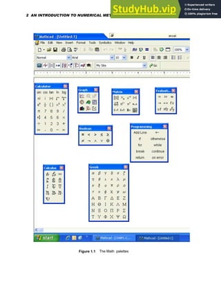 Figure 1.1 The Math palettes
2 AN INTRODUCTION TO NUMERICAL METHODS USING MATHCAD
 