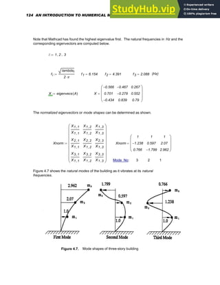 Note that Mathcad has found the highest eigenvalue first. The natural frequencies in Hz and the
corresponding eigenvectors are computed below.
i 1 2
, 3
..
:=
fi
lambdai
2 π
⋅
:= f1 6.154
= f2 4.391
= f3 2.088
= (Hz)
X eigenvecs A
( )
:= X
0.566
−
0.701
0.434
−
0.467
−
0.279
−
0.839
0.267
0.552
0.79
⎛
⎜
⎜
⎜
⎝
⎞
⎟
⎟
⎟
⎠
=
The normalized eigenvectors or mode shapes can be determined as shown.
Xnorm
X1 1
,
X1 1
,
X2 1
,
X1 1
,
X3 1
,
X1 1
,
X1 2
,
X1 2
,
X2 2
,
X1 2
,
X3 2
,
X1 2
,
X1 3
,
X1 3
,
X2 3
,
X1 3
,
X3 3
,
X1 3
,
⎛
⎜
⎜
⎜
⎜
⎜
⎜
⎜
⎜
⎝
⎞
⎟
⎟
⎟
⎟
⎟
⎟
⎟
⎟
⎠
:= Xnorm
1
1.238
−
0.766
1
0.597
1.799
−
1
2.07
2.962
⎛
⎜
⎜
⎜
⎝
⎞
⎟
⎟
⎟
⎠
=
Mode No: 3 2 1
Figure 4.7 shows the natural modes of the building as it vibrates at its natural
frequencies.
Figure 4.7. Mode shapes of three-story building
124 AN INTRODUCTION TO NUMERICAL METHODS USING MATHCAD
 