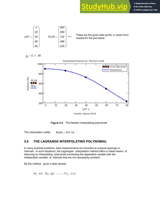These are the given data points, in vector form,
needed for the plot below
LAT
0
20
40
60
80
⎛
⎜
⎜
⎜
⎜
⎜
⎜
⎝
⎞
⎟
⎟
⎟
⎟
⎟
⎟
⎠
:= FLUX
895
858
722
489
235
⎛
⎜
⎜
⎜
⎜
⎜
⎜
⎝
⎞
⎟
⎟
⎟
⎟
⎟
⎟
⎠
:= <---
L 0 1
, 80
..
:=
0 10 20 30 40 50 60 70 80
200
400
600
800
1000
Given data points
Interpolation
Given data points
Interpolation
Interpolated function by Newton's meth
Latitude- degrees North
Radiation
flux
FLUX
R L
( )
LAT L
,
Figure 5.4. The Newton interpolating polynomial
The interpolation yields R 45
( ) 671.14
=
5.6 THE LAGRANGE INTERPOLATING POLYNOMIAL
In many practical problems, data measurements are recorded at unequal spacings or
intervals. In such situations, the Lagrangian interpolation method offers a viable means of
deducing an interpolating polynomial connecting the dependent variable with the
independent variable at intervals that are not necessarily constant.
By this method, given a data sample
(x1, y1); (x2, y2); .......... ( x n , y n)
Chapter 5: Numerical Interpolation 155
 