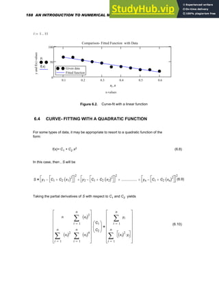 i 1 11
..
:=
0.1 0.2 0.3 0.4 0.5 0.6
0
50
100
Given data
Fitted function
Given data
Fitted function
Comparison- Fitted Function with Data
x-values
y
and
f(x)
values
yi
f x
( )
xi x
,
Figure 6.2. Curve-fit with a linear function
6.4 CURVE- FITTING WITH A QUADRATIC FUNCTION
For some types of data, it may be appropriate to resort to a quadratic function of the
form:
f(x)= C1 + C2 x2 (6.8)
In this case, then , S will be
S y1 C1 C2 x1
( )2
⋅
+
⎡
⎣
⎤
⎦
−
⎡
⎣
⎤
⎦
2
y2 C1 C2 x2
( )2
⋅
+
⎡
⎣
⎤
⎦
−
⎡
⎣
⎤
⎦
2
+ ..................
+ yn C1 C2 xn
( )2
⋅
+
⎡
⎣
⎤
⎦
−
⎡
⎣
⎤
⎦
2
+
= (6.9)
Taking the partial derivatives of S with respect to C1 and C2 yields
(6.10)
n
1
n
i
xi
( )2
∑
=
1
n
i
xi
( )2
∑
=
1
n
i
xi
( )4
∑
=
⎡
⎢
⎢
⎢
⎢
⎢
⎢
⎣
⎤
⎥
⎥
⎥
⎥
⎥
⎥
⎦
C1
C2
⎛
⎜
⎝
⎞
⎟
⎠
⋅
1
n
i
yi
∑
=
1
n
i
xi
( )2
yi
⋅
⎡
⎣
⎤
⎦
∑
=
⎡
⎢
⎢
⎢
⎢
⎢
⎢
⎣
⎤
⎥
⎥
⎥
⎥
⎥
⎥
⎦
=
188 AN INTRODUCTION TO NUMERICAL METHODS USING MATHCAD
 