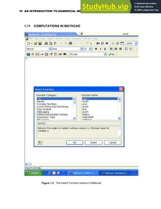 1.11 COMPUTATIONS IN MATHCAD
Figure 1.5 The Insert/ Function buttons in Mathcad
10 AN INTRODUCTION TO NUMERICAL METHODS USING MATHCAD
 