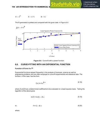 A e
C
:= A 6.571
= B 0.2
=
The fit generated is plotted and compared with the given data in Figure 6.4
f x
( ) A x
B
⋅
:=
1 2 3 4 5 6 7 8
0
5
10
Least Squares/Power Function Fit
Given Data Points
Least Squares/Power Function Fit
Given Data Points
Least Squares-Power Function Fit
x-Values
Function
Values
f xi
( )
yi
xi
Figure 6.4. Curve-fit with a power function
6.6. CURVE-FITTING WITH AN EXPONENTIAL FUNCTION
Function of Form A e Bx
Exponential functions appear frequently in the analysis of business, science as well as
engineering problems and are often employed to curve-fit experimental and statistical data. The
function, in this case, has the form .
(6.18)
f x
( ) A e
B x
⋅
⋅
=
where A and B are undetermined coefficients to be evaluated on a least squares basis. Taking the
logarithm of the above gives
ln f
( ) ln A
( ) B x
⋅
+
= (6.19)
or, F C B x
⋅
+
= (6.20)
where
194 AN INTRODUCTION TO NUMERICAL METHODS USING MATHCAD
 