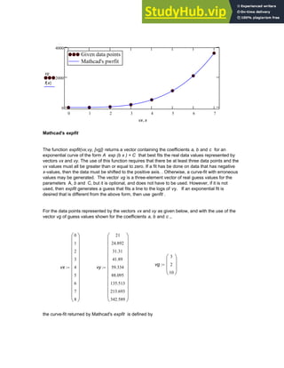 0 1 2 3 4 5 6 7
0
2000
4000
Given data points
Mathcad's pwrfit
Given data points
Mathcad's pwrfit
vy
f x
( )
vx x
,
Mathcad's expfit
The function expfit(vx,vy, [vg]) returns a vector containing the coefficients a, b and c for an
exponential curve of the form A exp (b x ) + C that best fits the real data values represented by
vectors vx and vy. The use of this function requires that there be at least three data points and the
vx values must all be greater than or equal to zero. If a fit has be done on data that has negative
x-values, then the data must be shifted to the positive axis. . Otherwise, a curve-fit with erroneous
values may be generated. The vector vg is a three-element vector of real guess values for the
parameters A, b and C, but it is optional, and does not have to be used. However, if it is not
used, then expfit generates a guess that fits a line to the logs of vy. If an exponential fit is
desired that is different from the above form, then use genfit .
For the data points represented by the vectors vx and vy as given below, and with the use of the
vector vg of guess values shown for the coefficients a, b and c ,.
vg
3
2
10
⎛
⎜
⎜
⎝
⎞
⎟
⎟
⎠
:=
vx
0
1
2
3
4
5
6
7
8
⎛
⎜
⎜
⎜
⎜
⎜
⎜
⎜
⎜
⎜
⎜
⎜
⎝
⎞
⎟
⎟
⎟
⎟
⎟
⎟
⎟
⎟
⎟
⎟
⎟
⎠
:= vy
21
24.892
31.31
41.89
59.334
88.095
135.513
213.693
342.589
⎛
⎜
⎜
⎜
⎜
⎜
⎜
⎜
⎜
⎜
⎜
⎜
⎝
⎞
⎟
⎟
⎟
⎟
⎟
⎟
⎟
⎟
⎟
⎟
⎟
⎠
:=
the curve-fit returned by Mathcad's expfit is defined by
Chapter 6: Curve-Fitting 219
 