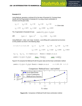 Example 6.15
Using Mathcad, generate a nonlinear fit for the data of Example 6.6. Compare these
results with the fit generated in Example 6.6 by using a linear combination of
functions and the given data.
x
1
1
:= x
2
2.0
:= x
3
3.0
:= x
4
4.0
:= x
5
5.0
:=
<--- Given data
y
1
5.75
:= y
2
10.75
:= y
3
12.65
:= y
4
29.95
:= y
5
49.35
:=
The fit generated in Example 6.6 was yanal x
( ) C1 f1 x
( )
⋅ C2 f2 x
( )
⋅
+
=
with f1 x
( ) 1
:= f2 x
( ) x
3
:= C1 5.931
:= C2 0.35
:=
Using Mathcad' s interp and loess functions , curve-fitting with a polynomial can be done
on this problem as shown in the following steps.
i 1 2
, 5
..
:= x 1 1.1
, 5.5
..
:= x
1
1
:= x
2
2.0
:= x
3
3.0
:= x
4
4.0
:= x
5
5.0
:=
y
1
5.75
:= y
2
10.75
:= y
3
12.65
:= y
4
29.95
:= y
5
49.35
:=
vx
i
x
i
:= vy
i
y
i
:= vs loess vx vy
, 1
,
( )
:= floess x
( ) interp vs vx
, vy
, x
,
( )
:=
yanal x
( ) C1 f1 x
( )
⋅ C2 f2 x
( )
⋅
+
:= floess
i
floess x
i
( )
:= yanal
i
yanal x
i
( )
:=
Figure 6.16 compares the Mathcad fit with the given data and the linear combination method
yanal x
( ) C1 f1 x
( )
⋅ C2 f2 x
( )
⋅
+
:= floess x
( ) interp vs vx
, vy
, x
,
( )
:= z 1 1.01
, 5.0
..
:= i 1 5
..
:=
1 1.5 2 2.5 3 3.5 4 4.5 5
0
20
40
60
Given Data Points
Linear Combination
Mathcad loess function
Given Data Points
Linear Combination
Mathcad loess function
Comparison- Mathcad loess / anal method
X- values
Y-
Values
yi
yanal z
( )
floess z
( )
xi z
,
Figure 6.16. Comparison of Mathcad fit with linear combination method
228 AN INTRODUCTION TO NUMERICAL METHODS USING MATHCAD
 