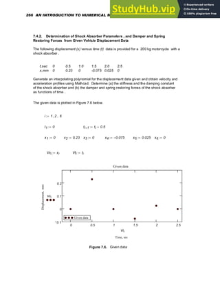 7.4.2. Determination of Shock Absorber Parameters , and Damper and Spring
Restoring Forces from Given Vehicle Displacement Data
The following displacement (x) versus time (t) data is provided for a 200 kg motorcycle with a
shock absorber .
t,sec 0 0.5 1.0 1.5 2.0 2.5
x,mm 0 0.23 0 -0.075 0.025 0
Generate an interpolating polynomial for the displacement data given and obtain velocity and
acceleration profiles using Mathcad. Determine (a) the stiffness and the damping constant
of the shock absorber and (b) the damper and spring restoring forces of the shock absorber
as functions of time .
The given data is plotted in Figure 7.6 below.
i 1 2
, 6
..
:=
t1 0
:= ti 1
+ ti 0.5
+
:=
x1 0
:= x2 0.23
:= x3 0
:= x4 0.075
−
:= x5 0.025
:= x6 0
:=
Vxi xi
:= Vti ti
:=
0 0.5 1 1.5 2 2.5
0.1
0
0.1
0.2
Given data
Given data
Given data
Time, sec
Displacement,
mm
Vxi
Vti
Figure 7.6. Given data
266 AN INTRODUCTION TO NUMERICAL METHODS USING MATHCAD
 
