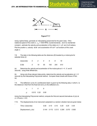 Figure P 7.7
Using cspline/interp, generate an interpolating polynomial for the given data. If the
rotational speed of the crank is ω 2 = 1000 RPM, counterclockwise, and it is maintained
constant , estimate the velocity and acceleration of the slider at θ = π/2 and 3π/4 radians.
Plot the position x, velocity dx/dt and acceleration d2x/ dt 2 as functions of the crank
angle θ.
7,8 The data in the following table are the distances (D) traveled by a motorcycle for
selected times (t)
t(seconds): 0 2 4 6 8 10
D (ft): 0 10 50 150 330 610
(a) Determine the velocity and acceleration of the motorcycle at t = 4 , 6 and 8
seconds, using finite differences.
(b) Using only three relevant data points, determine the velocity and acceleration at t = 6
seconds by the Interpolating Polynomial method. Compare these results with those of Part
(a).
.
7.9. The deflection curve of a cantilevered beam is given by the following data, in which x is
the distance in feet from the fixed end and y is the deflection at x.
x: 1 4 8
y: 0.015 0.20 0.60
Using the Interpolating Polynomial method, compute the first and second derivatives of y(x) at
x= 3 ft and x = 6 ft.
7.10. The displacements of an instrument subjected to a random vibration test are given below
.
Time, t (seconds): 0.05 0.10 0.15 0.20 0.25 0.30
Displacement, y (in): 0.144 0.172 0.213 0.296 0.070 0.085
274 AN INTRODUCTION TO NUMERICAL METHODS USING MATHCAD
 