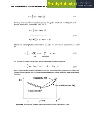 A1
h
3
y1 4 y2
⋅
+ y3
+
( )
⋅
= (8.11)
Similarly, the areas under the parabolas passing through the third, fourth and fifth points, and
through the last three points on the curve will be
A2
h
3
y3 4 y4
⋅
+ y5
+
( )
⋅
=
........................................
(8.12)
Alast
h
3
yn 1
− 4 yn
⋅
+ yn 1
+
+
( )
⋅
=
The integral according to Simpson's one-third rule is the sum of the above areas and can be written
as
I
h
3
y1
⋅ 4
ieven
yi
∑
⋅
+ 2
ioddexceptlast
yi
∑
⋅
+ yn 1
+
+
= (8.13)
For example, if there are seven data points, this integral can be estimated as
I
h
3
y1 4 y2
⋅
+ 2 y3
⋅
+ 4 y4
⋅
+ 2 y5
⋅
+ 4 y6
⋅
+ y7
+
( )
⋅
=
(8.14)
Figure 8.6 shows a comparison between the function approximations obtained with the trapezoidal
rule and Simpson's rule, and the consequent integrals which are the respective areas under these
functions.
Figure 8.6. Comparison between the trapezoidal and Simpson's one-third rules
284 AN INTRODUCTION TO NUMERICAL METHODS USING MATHCAD
 