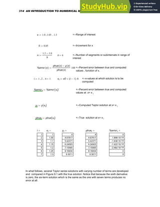 x 1.0 1.05
, 1.3
..
:= <--Range of interest
h 0.05
:= <--Increment for x
n
1.3 1.0
−
h
:= n 6
= <--Number of segments or subintervals in range of
interest
%error x
( )
ytrue x
( ) y x
( )
−
ytrue x
( )
100
⋅
:= <--Percent error between true and computed
values , function of x.
i 1 2
, n 1
+
..
:= xi x0 i 1
−
( ) h
⋅
+
:= <--x-values at which solution is to be
computed
%error i %error xi
( )
:= <--Percent error between true and computed
values at x= x i
yi y xi
( )
:= <--Computed Taylor solution at x= x i
ytruei ytrue xi
( )
:= <--True solution at x= x i
i
1
2
3
4
5
6
7
= xi
1
1.05
1.1
1.15
1.2
1.25
1.3
= yi
4
4.67917
5.42371
6.24503
7.15565
8.16934
9.3011
= ytruei
4
4.67917
5.42371
6.24503
7.15565
8.16934
9.3011
= %error i
0
-14
1.898·10
-14
-1.638·10
-14
-1.422·10
-14
-2.482·10
0
0
=
In what follows, several Taylor series solutions with varying number of terms are developed
and compared in Figure 9.1 with the true solution. Notice that because the sixth derivative
is zero, the six-term solution which is the same as the one with seven terms produces no
error at all.
314 AN INTRODUCTION TO NUMERICAL METHODS USING MATHCAD
 