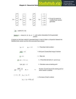 <--Vx and Vy vectors for
modified Euler solution
generated
Vx
x0
x1
x2
x3
x4
x5
⎛
⎜
⎜
⎜
⎜
⎜
⎜
⎜
⎝
⎞
⎟
⎟
⎟
⎟
⎟
⎟
⎟
⎠
:= Vx
0
0.1
0.2
0.3
0.4
0.5
⎛
⎜
⎜
⎜
⎜
⎜
⎜
⎜
⎝
⎞
⎟
⎟
⎟
⎟
⎟
⎟
⎟
⎠
= Vy
y0
y1
y2
y3
y4
y5
⎛
⎜
⎜
⎜
⎜
⎜
⎜
⎜
⎝
⎞
⎟
⎟
⎟
⎟
⎟
⎟
⎟
⎠
:= Vy
1.5
−
1.371
−
1.284
−
1.233
−
1.215
−
1.228
−
⎛
⎜
⎜
⎜
⎜
⎜
⎜
⎜
⎝
⎞
⎟
⎟
⎟
⎟
⎟
⎟
⎟
⎠
=
Vs cspline Vx Vy
,
( )
:=
fspline x
( ) interp Vs Vx
, Vy
, x
,
( )
:= <-- cubic spline interpolation for the generated
solution
A solution by the Euler method is generated below in order to obtain a comparison between the
Modified Euler solution and the not-so-accurate Euler solution
x0 0
:= y0 1.5
−
:= <-- Prescribed initial condition
xlast 0.5
:= <--End-point of prescribed range of solution
h 0.1
:= <-- Step size
f x y
,
( ) 3
− x
⋅ y
−
:= <--- Prescribed derivative of y(x) at (x,y)
f x0 y0
,
( ) 1.5
= <-- Derivative value at starting point
Number of points beyond the starting point at
which solution is desired
N
xlast x0
−
h
:= N 5
= <--
i 0 1
, N
..
:= xi 1
+ xi h
+
:=
<--Formulas of Euler's method
yi 1
+ yi h f xi yi
,
( )
⋅
+
:=
Chapter 9: Numerical Solution of Ordinary Differential Equations 327
 