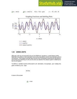 f x
( ) sin x
( )
:= g x
( ) cos 3 x
⋅
( )
:= h x
( ) f x
( ) g x
( )
+
:= x 10
− 9.9
−
, 10
..
:=
10
− 5
− 0 5 10
2
−
1
−
0
1
2
sin(x)
cos(3x)
sin(x)+cos(3x)
Graphing Functions and labelling Plots
x- values
y-values
f x
( )
g x
( )
h x
( )
x
1.23 USING UNITS
Although units are not required to be put into Mathcad equations, a great feature within
Mathcad is its ability to track standard units during calculations and to automatically perform
conversions. The program will also flag incorrect and inconsistent dimensional calculations,
and mixing and matching of units can be done as desired.The default system in Mathcad is
the SI unit system
To define a variable in terms of the built-in unit kilometers , for example, just multiply the
given number by km. Type
R:4*km
to see on the screen
R 4 km
⋅
:=
Chapter 1: Basics of Mathcad 39
 