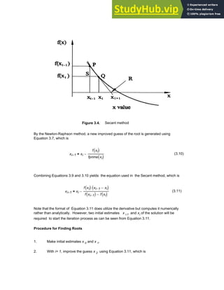 Figure 3.4. Secant method
By the Newton-Raphson method, a new improved guess of the root is generated using
Equation 3.7, which is
xi 1
+ xi
f xi
( )
fprime xi
( )
−
= (3.10)
Combining Equations 3.9 and 3.10 yields the equation used in the Secant method, which is
xi 1
+ xi
f xi
( ) xi 1
− xi
−
( )
⋅
f xi 1
−
( ) f xi
( )
−
−
= (3.11)
Note that the format of Equation 3.11 does utilize the derivative but computes it numerically
rather than analytically. However, two initial estimates x i-1 and xi of the solution will be
required to start the iteration process as can be seen from Equation 3.11.
Procedure for Finding Roots
1. Make initial estimates x 0 and x 1.
2. With i= 1, improve the guess x 2 using Equation 3.11, which is
Chapter 3: Roots of Equations 73
 