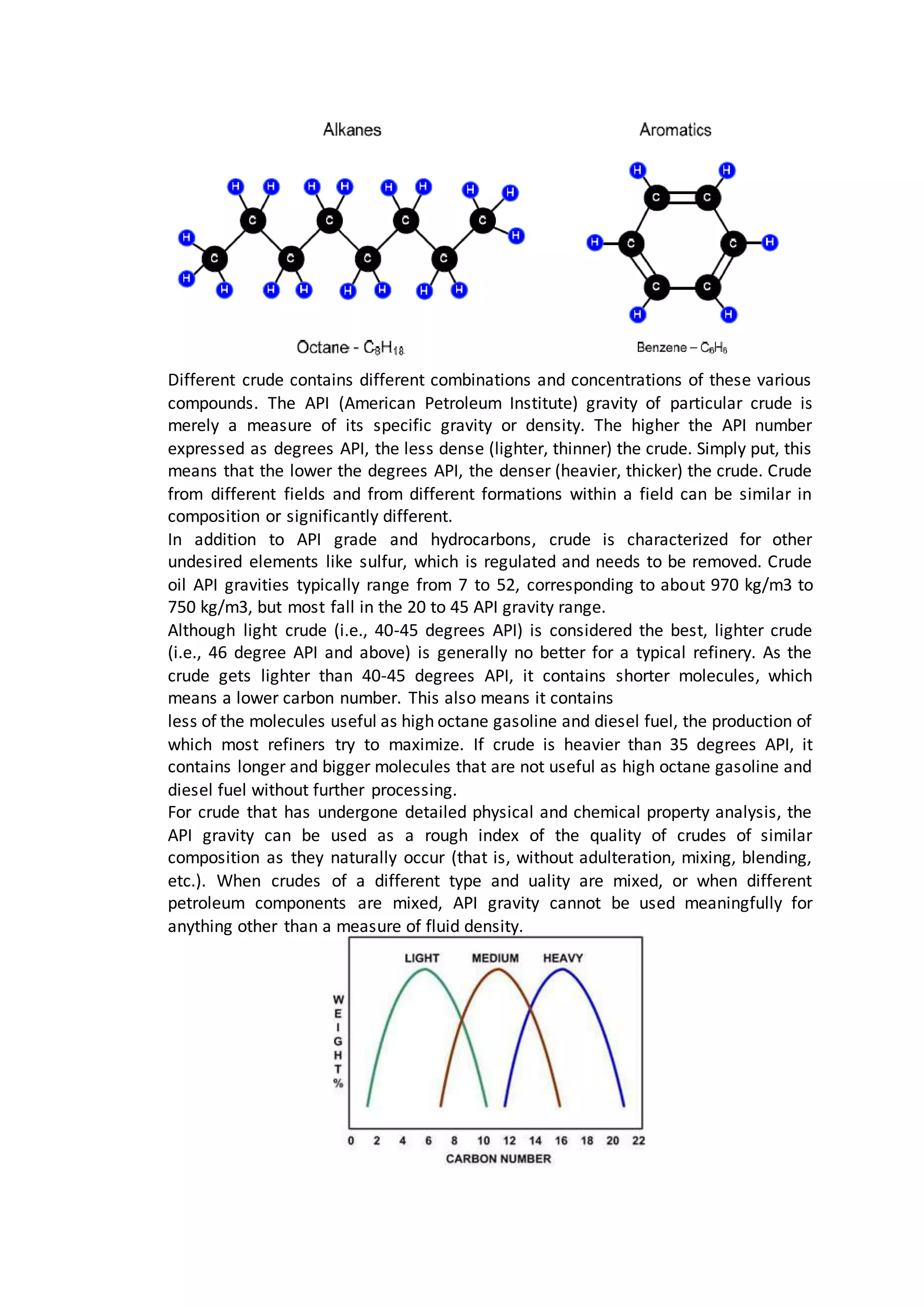 Different crude contains different combinations and concentrations of these various
compounds. The API (American Petroleum Institute) gravity of particular crude is
merely a measure of its specific gravity or density. The higher the API number
expressed as degrees API, the less dense (lighter, thinner) the crude. Simply put, this
means that the lower the degrees API, the denser (heavier, thicker) the crude. Crude
from different fields and from different formations within a field can be similar in
composition or significantly different.
In addition to API grade and hydrocarbons, crude is characterized for other
undesired elements like sulfur, which is regulated and needs to be removed. Crude
oil API gravities typically range from 7 to 52, corresponding to about 970 kg/m3 to
750 kg/m3, but most fall in the 20 to 45 API gravity range.
Although light crude (i.e., 40-45 degrees API) is considered the best, lighter crude
(i.e., 46 degree API and above) is generally no better for a typical refinery. As the
crude gets lighter than 40-45 degrees API, it contains shorter molecules, which
means a lower carbon number. This also means it contains
less of the molecules useful as high octane gasoline and diesel fuel, the production of
which most refiners try to maximize. If crude is heavier than 35 degrees API, it
contains longer and bigger molecules that are not useful as high octane gasoline and
diesel fuel without further processing.
For crude that has undergone detailed physical and chemical property analysis, the
API gravity can be used as a rough index of the quality of crudes of similar
composition as they naturally occur (that is, without adulteration, mixing, blending,
etc.). When crudes of a different type and uality are mixed, or when different
petroleum components are mixed, API gravity cannot be used meaningfully for
anything other than a measure of fluid density.
 