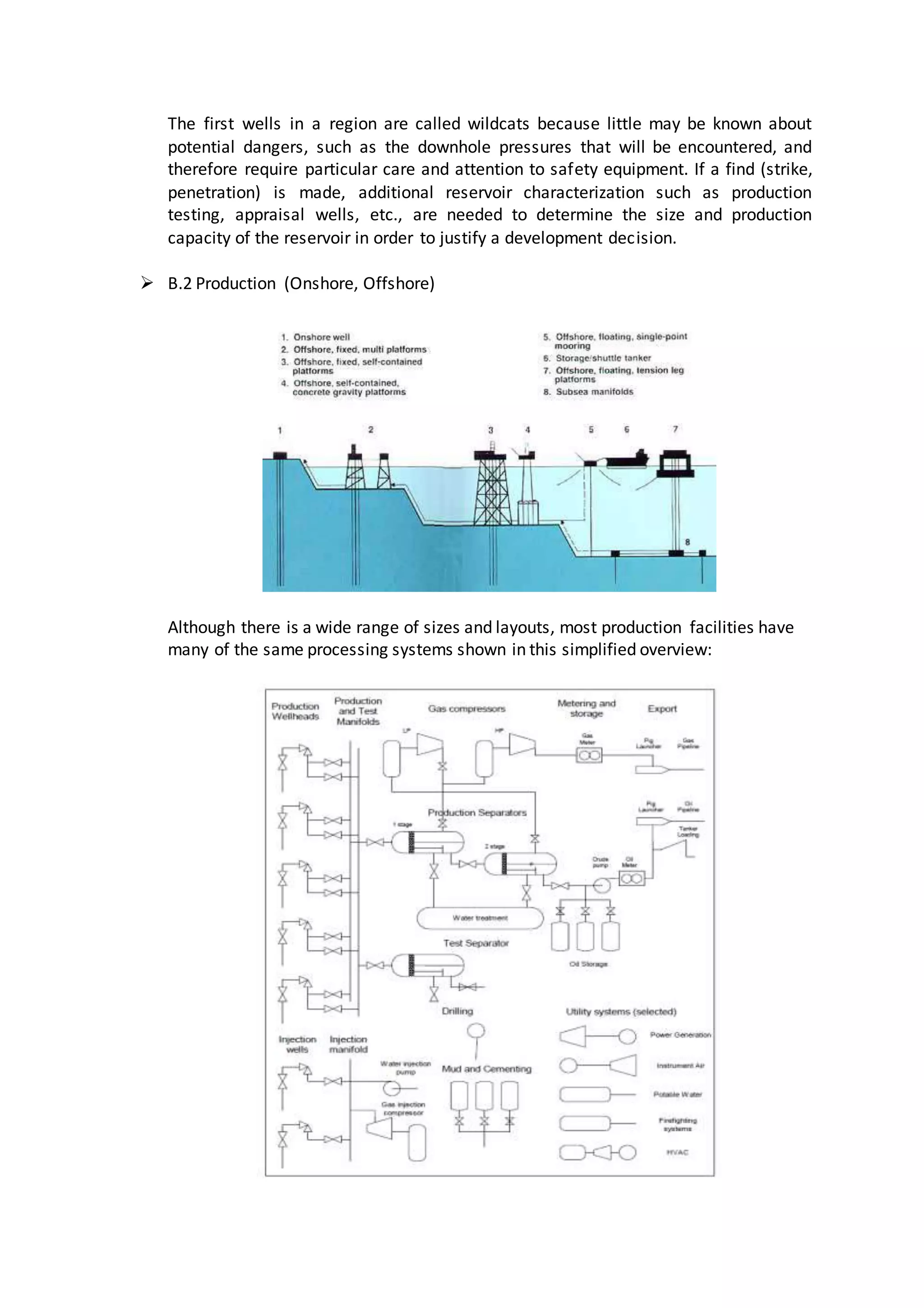 The first wells in a region are called wildcats because little may be known about
potential dangers, such as the downhole pressures that will be encountered, and
therefore require particular care and attention to safety equipment. If a find (strike,
penetration) is made, additional reservoir characterization such as production
testing, appraisal wells, etc., are needed to determine the size and production
capacity of the reservoir in order to justify a development decision.
 B.2 Production (Onshore, Offshore)
Although there is a wide range of sizes and layouts, most production facilities have
many of the same processing systems shown in this simplified overview:
 