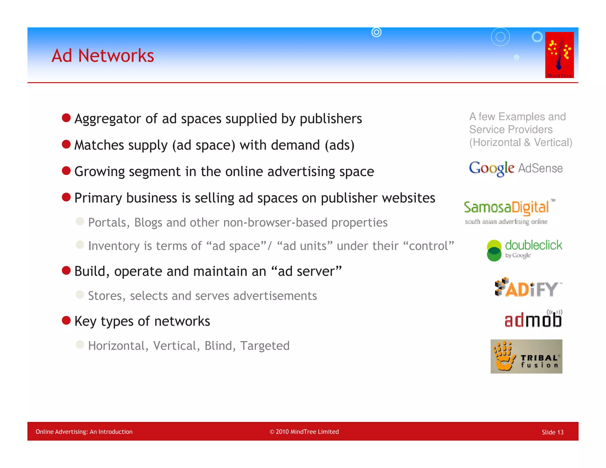 Ad Networks


             Aggregator of ad spaces supplied by publishers                            A few Examples and
                                                                                       Service Providers
             Matches supply (ad space) with demand (ads)                               (Horizontal & Vertical)

             Growing segment in the online advertising space
             Primary business is selling ad spaces on publisher websites
                  Portals, Blogs and other non-browser-based properties
                  Inventory is terms of “ad space”/ “ad units” under their “control”

             Build, operate and maintain an “ad server”
                  Stores, selects and serves advertisements

             Key types of networks
                  Horizontal, Vertical, Blind, Targeted




Online Advertising: An Introduction                © 2010 MindTree Limited                             Slide 13
 