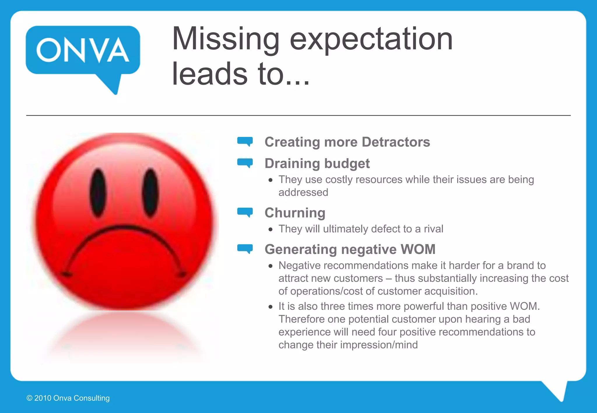 Missing expectation
leads to...
Creating more Detractors
Draining budget
 They use costly resources while their issues are being
addressed
Churning
 They will ultimately defect to a rival
Generating negative WOM
 Negative recommendations make it harder for a brand to
attract new customers – thus substantially increasing the cost
of operations/cost of customer acquisition.
 It is also three times more powerful than positive WOM.
Therefore one potential customer upon hearing a bad
experience will need four positive recommendations to
change their impression/mind
© 2010 Onva Consulting
 